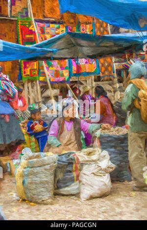 Digital art painting of an original photo of women selling food on the market in the Peruvian andes in Peru. Pisac is well known for its market which  Stock Photo