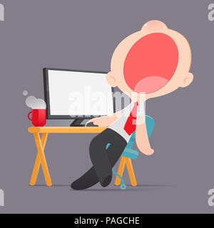 Lazy man disinterested in boring routine, Bored yawn businessman sitting half asleep at workplace, Cartoon, Vector illustration Stock Photo