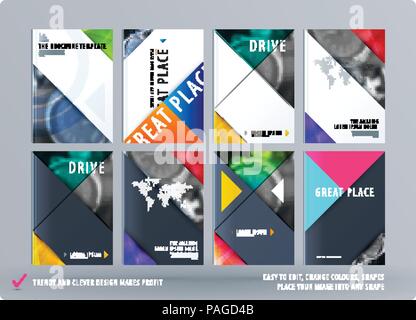 Brochure design triangular template. Colourful modern abstract set, annual report with shapes for branding. Stock Vector