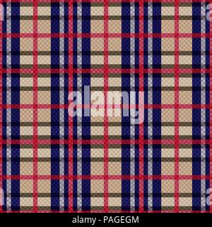Seamless checkered pattern with red, blue, khaki and grey lines on the beige background, vector as a fabric texture Stock Vector