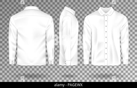 Blank male shirt template. Realistic Men s shirt with long sleeves front, side, back view. White cotton Shirt isolated. Vector illustration Stock Vector