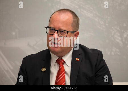 Buenos Aires, Argentina. 22nd July, 2018. Hubert Fuchs, Austrian State secretary in the Ministry of Finance, during an interview with the German Press Agency. The European Union builds on an agreement at the negotiation table in the trade dispute with the USA. 'I do not believe that the arms race in the area of punitive tariffs will continue in future', said Fuchs. Austria currently holds the Presidency of the Council of the European Union. Fuchs is in Buenos Aires in the course of the meeting of the G20 Ministers of Finance. Credit: Claudio Santisteban/dpa/Alamy Live News Stock Photo