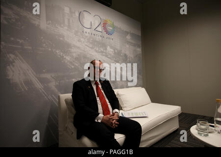 Buenos Aires, Argentina. 22nd July, 2018. Hubert Fuchs, Austrian State secretary in the Ministry of Finance, during an interview with the German Press Agency. The European Union builds on an agreement at the negotiation table in the trade dispute with the USA. 'I do not believe that the arms race in the area of punitive tariffs will continue in future', said Fuchs. Austria currently holds the Presidency of the Council of the European Union. Fuchs is in Buenos Aires in the course of the meeting of the G20 Ministers of Finance. Credit: Claudio Santisteban/dpa/Alamy Live News Stock Photo