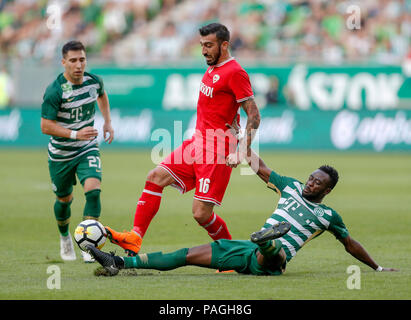 BUDAPEST, HUNGARY - MAY 12: (r-l) Leandro De Almeida 'Leo' of Ferencvarosi  TC celebrates the goal with Roland Varga of Ferencvarosi TC during the  Hungarian OTP Bank Liga match between Ferencvarosi TC