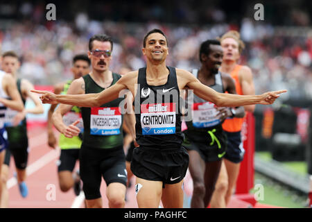 London, UK. 22nd July 18. Matthew CENTROWITZ (United States of America) crossing the finish line in the Men's 1500m Final at the 2018, IAAF Diamond League, Anniversary Games, Queen Elizabeth Olympic Park, Stratford, London, UK. Credit: Simon Balson/Alamy Live News Stock Photo