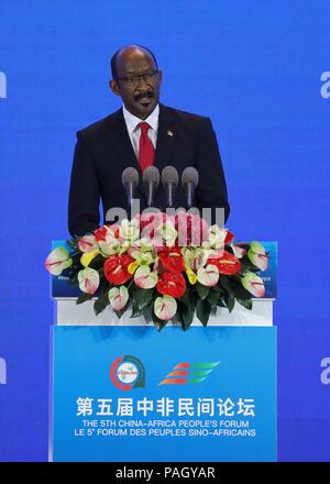Chengdu, China's Sichuan Province. 23rd July, 2018. Vincent Meriton, president of Parti Lepep and vice president of Seychelles, addresses the opening session of the Fifth China-Africa People's Forum in Chengdu, capital of southwest China's Sichuan Province, July 23, 2018. Credit: Jiang Hongjing/Xinhua/Alamy Live News Stock Photo