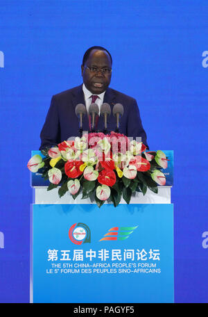 Chengdu, China's Sichuan Province. 23rd July, 2018. Clement Mouamba, prime minister of the Republic of Congo, addresses the opening session of the Fifth China-Africa People's Forum in Chengdu, capital of southwest China's Sichuan Province, July 23, 2018. Credit: Jiang Hongjing/Xinhua/Alamy Live News Stock Photo