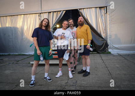 Bontida, Romania. 20th July 2018. IDLES (left to right: Lee Kiernan, Joe Talbot, Mark Bowen, Adam Devonshire) posing for photos before going on stage at the 2018 Electric Castle Festival, which takes place in the grounds of Banffy Castle in Bontida, near the town of Cluj, Transylvania, Romania. Photo date: Friday, July 20, 2018. Photo: Roger Garfield/Alamy Credit: Roger Garfield/Alamy Live News Stock Photo