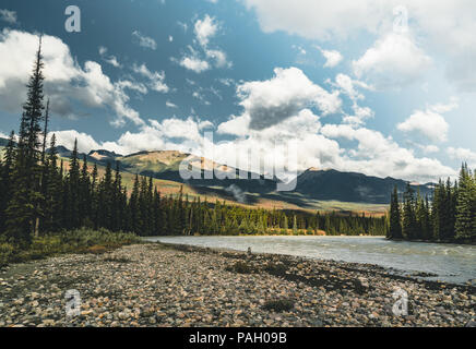 the Athabasca river flows by the Canadian rocky mountains in Alberta, Canada Stock Photo