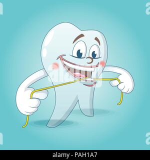 Cute tooth with floss concept background, cartoon style Stock Vector