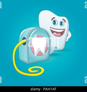 Smiling tooth with floss box concept background, cartoon style Stock Vector