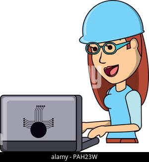 Cryptocurrency mining design with cartoon woman using a laptop computer icon over white background, vector illustration Stock Vector