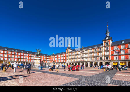 MADRID, SPAIN - SEPTEMBER 26, 2017: The Bulding of the Plaza Mayor with statue of King Philips III. Copy space for text Stock Photo