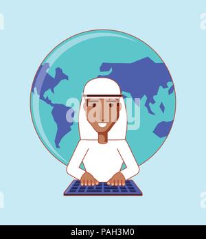 arab man typing in the keyboard world social media vector illustration Stock Vector