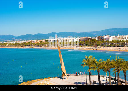 SALOU, TARRAGONA, SPAIN - APRIL 24, 2017: Coastline Costa Dorada, main beach in Salou. Blue sky. Copy space Stock Photo