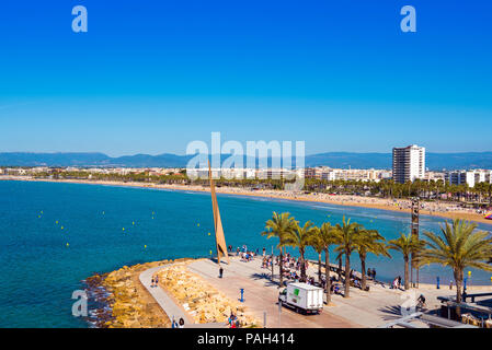 SALOU, TARRAGONA, SPAIN - APRIL 24, 2017: Coastline Costa Dorada, main beach in Salou. Blue sky. Copy space for text Stock Photo