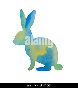 Beautiful silhouette of an easter rabbit or hare of blue and green painted watercolor on a white background Stock Photo