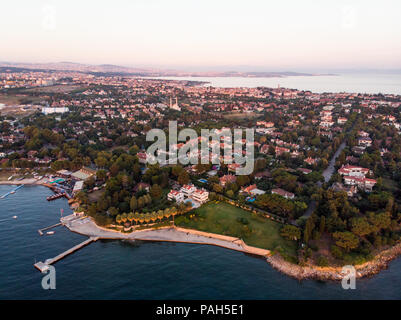 Aerial Drone View of Istanbul Tuzla Seaside at Golden Hour / Blue Hour. Cityscape. Stock Photo