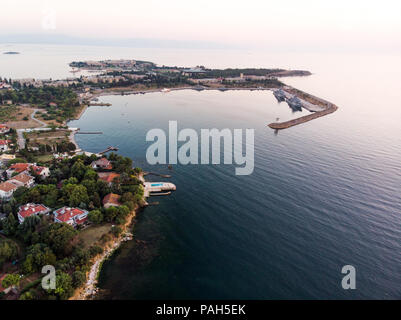 Aerial Drone View of Istanbul Tuzla Seaside at Golden Hour / Blue Hour. Cityscape. Stock Photo