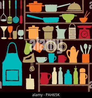 Various colorful kitchen silhouette icons on shelves. Stock Vector