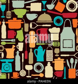 Colorful seamless pattern background with kitchen silhouette icons. Stock Vector