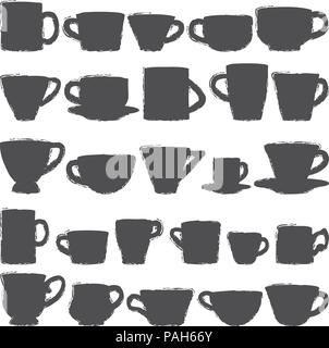 Various hand drawn cups and mugs silhouette icons set. Stock Vector