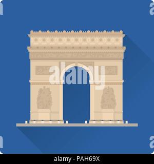 Flat design long shadow vector illustration of Arc de Triomphe, the Triumphal Arch, at Paris, France Stock Vector