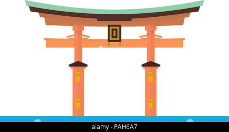 Flat design isolated vector icon of Itsukushima Shrine Torii, Miyajima, Japan. Stock Vector