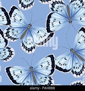 Seamless pattern with blue watercolor butterflies on blue background. Stock Vector