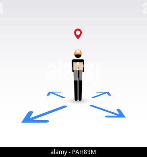 Messenger, delivery man, giving package box with blue arrow direction on floor. Vector illustration for send anywhere concept, online fast service. Stock Vector