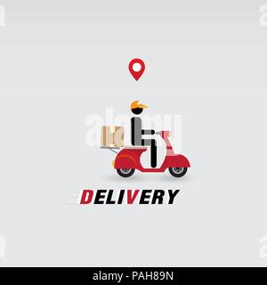 Messenger, delivery man with motorcycle, location marker on white background. Vector illustration for delivery anywhere service. Stock Vector