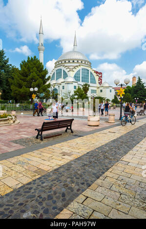 Pedestrian zone and Ebu Beker Mosque, Shkodra, Albania Stock Photo