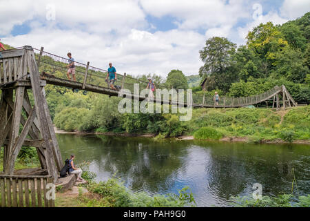 Biblins Suspension Bridge looking across to Symonds Yat East over the River Wye, Wye Valley, Herefordshire, England, UK Stock Photo