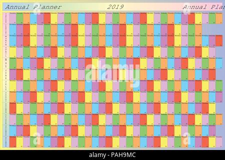 Annual planner 2019 with specific color for each weekday - TO BE personalized with your LOGO Stock Vector