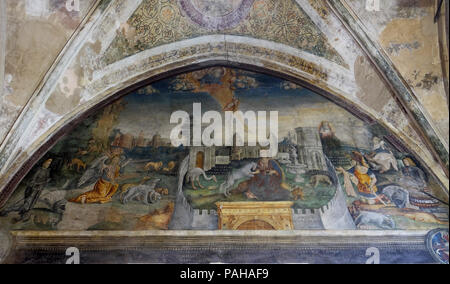 Allegorical Annunciation - Hunting the Unicorn by Giovanni Maria Falconetto, fresco in the church of San Pietro Martire in Verona, Italy Stock Photo