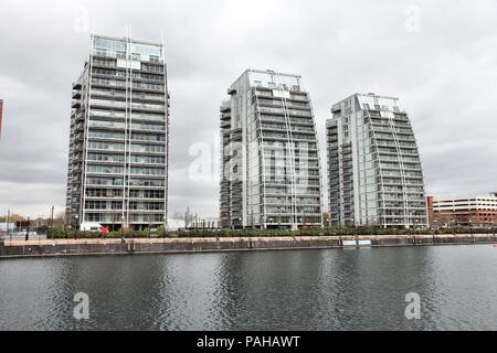 MANCHESTER, UK - APRIL 22: Residential architecture of Salford Quays on April 22, 2013 in Manchester, UK. Greater Manchester is the 2nd biggest popula Stock Photo