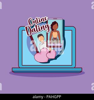 Online dating design with laptop computer and couple in love over purple background, colorful design. vector illustration Stock Vector