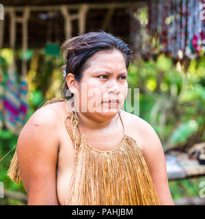 AMAZONIA, PERU - NOV 10, 2010: Unidentified Amazonian indigenous woman. Indigenous people of Amazonia are protected by  COICA (Coordinator of Indigeno Stock Photo