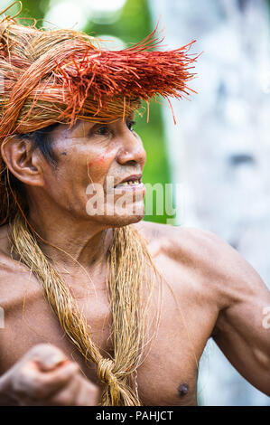 Portrait of an Amazonian indigenous man with traditional face paint and ...