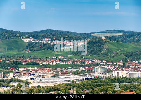 STUTTGART, GERMANY - JULI 10, 2018: View over Stuttgart from Killesberg tower with the Mercedes Benz stadium in the center Stock Photo