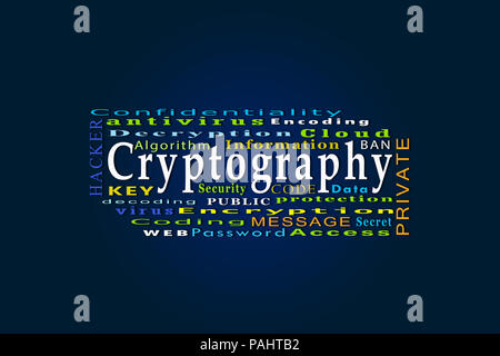 The word cryptography and related words on a blue background Stock Photo