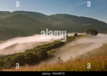 Beautiful and secluded landscape on a misty morning in the Apuseni Mountains near Salciua, Romania. Stock Photo