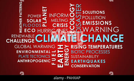 Climate Change related animated text word cloud on red background. Stock Photo