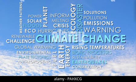 Climate Change related animated text word cloud against blue sky with light clouds timelapse. Stock Photo