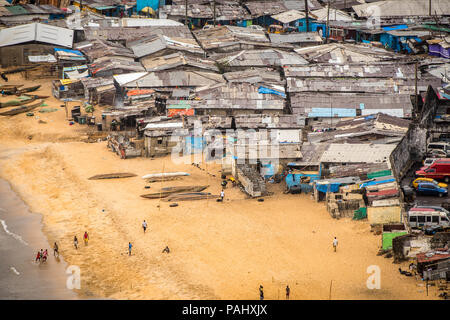 An aerial view of the slums and the beach in the city of Monrovia, Liberia. Stock Photo