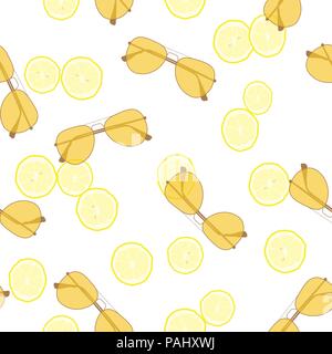 vector retro sunglasses and slices of lemon pattern seamless background, summer minimal concept Stock Vector