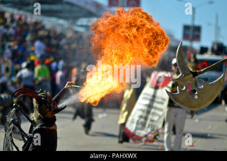 Battle of Flowers, Barranquilla Carnaval.  Performer fire breathing at the Battle of Flowers, Barranquilla Carnaval. Stock Photo