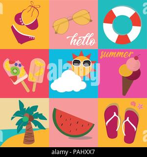 vintage bright pastel colour summer icon set Stock Vector