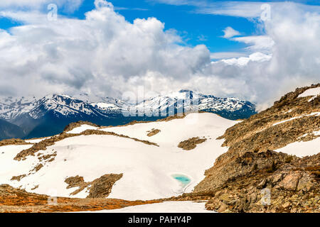 view from above on an emerald lake in the rocky mountains, on white snow. Blue sky and clouds in the background Stock Photo