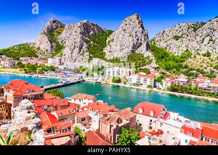 Omis, Croatia. Dalmatia Coast panorama with emerald-green Cetina River, Croatian travel landmark at Adriatic Sea. Stock Photo